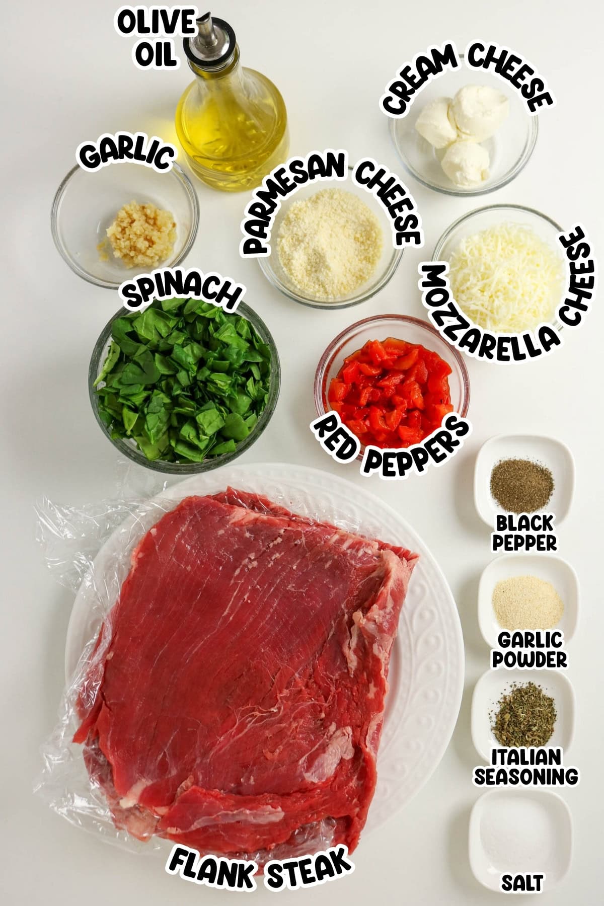 Flank steak, olive oil, garlic, spinach, red peppers, 3 cheeses, and seasonings.