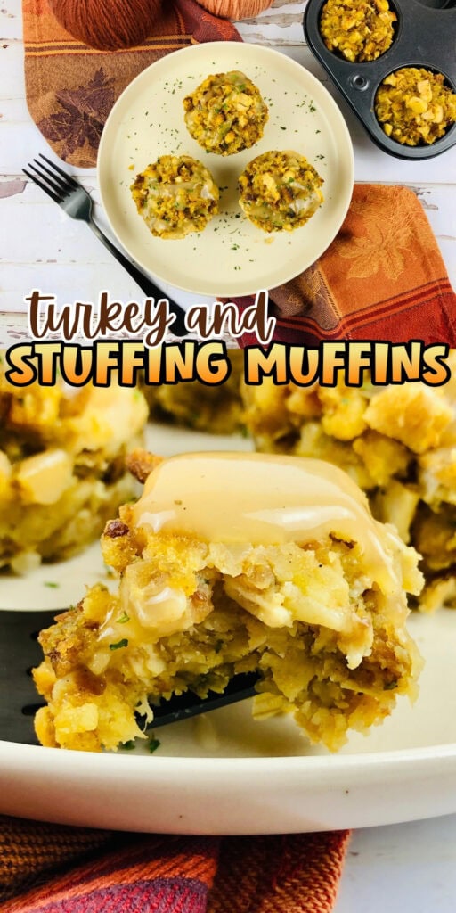 Turkey and stuffing muffins with gravy, served on a plate and in a muffin tin.