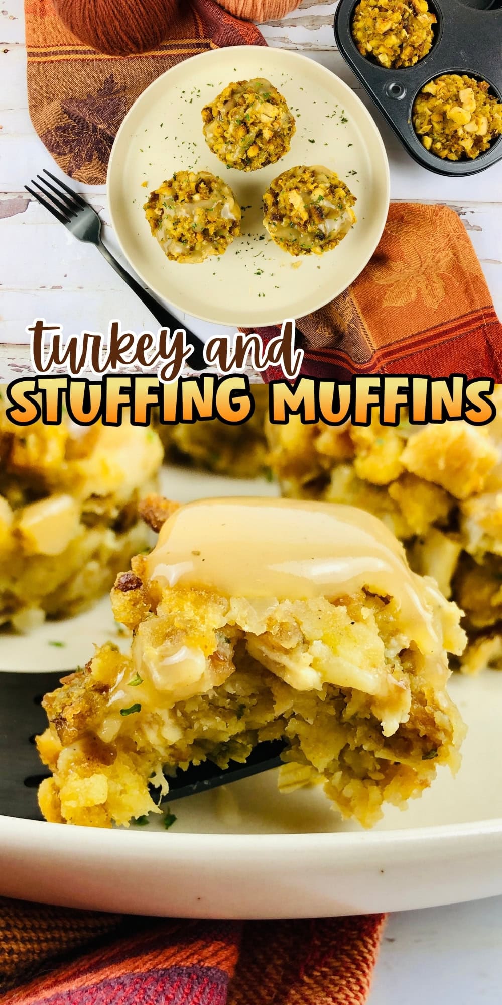 Turkey and stuffing muffins with gravy, served on a plate and in a muffin tin.