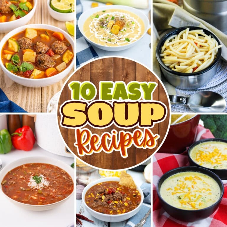 Collage of soups around text: 10 Easy Soup Recipes on a wooden background.