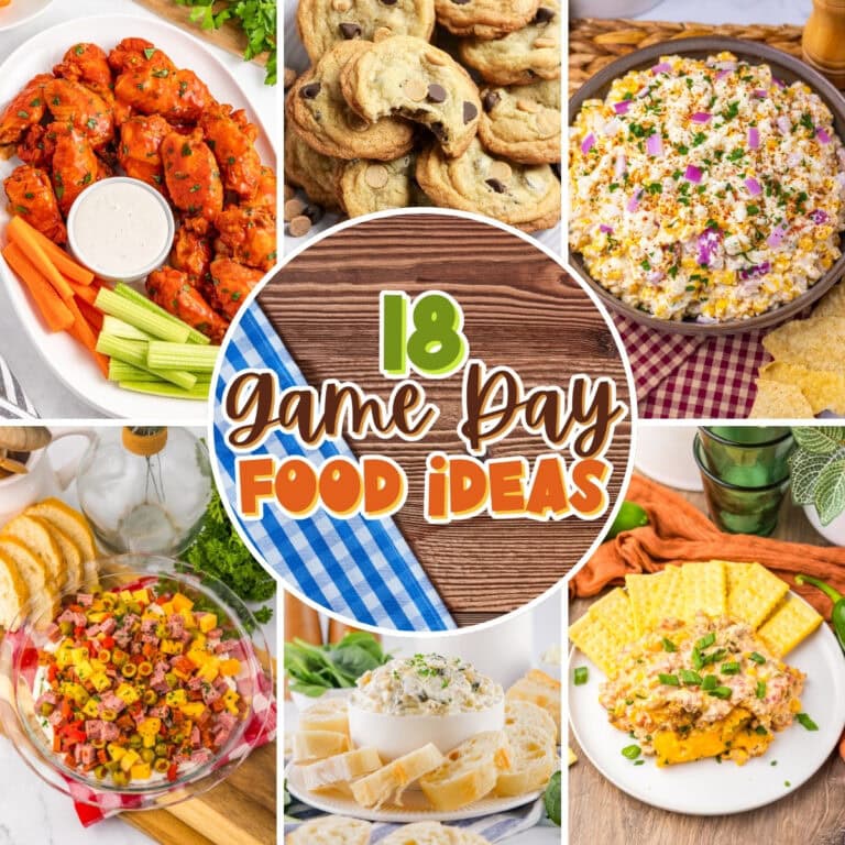 Collage of six snacks with game day food ideas in the center.
