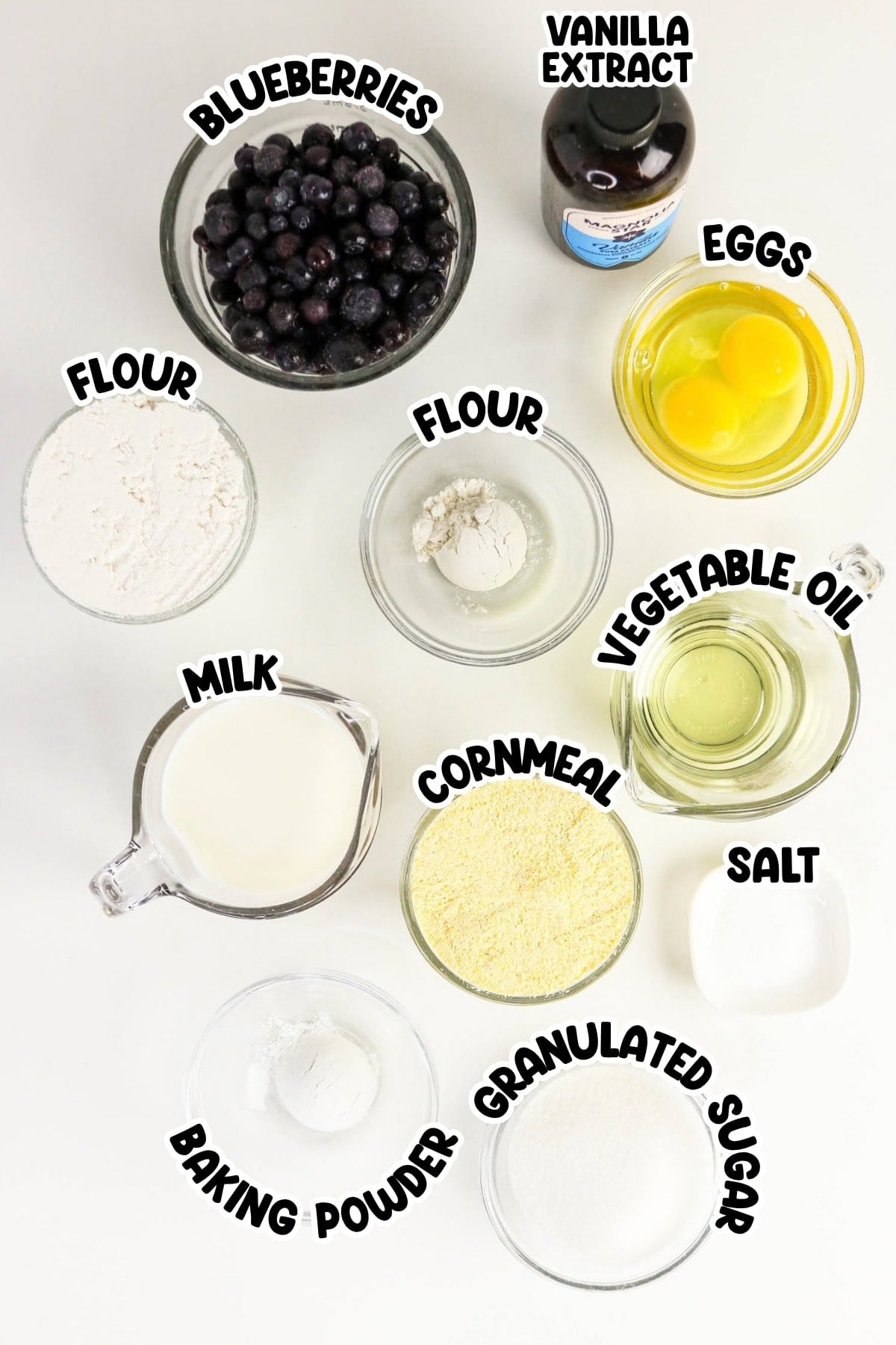 Blueberries, flour, milk, eggs, oil, cornmeal, sugar, baking powder, salt, vanilla.