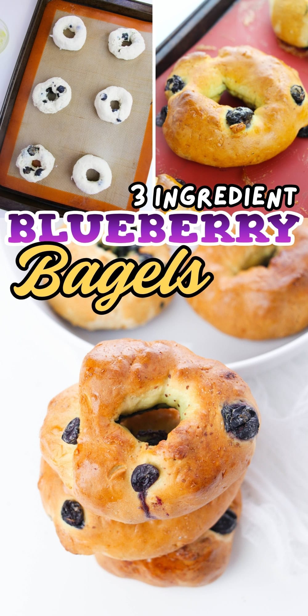 Blueberry bagels on a baking sheet and stacked.