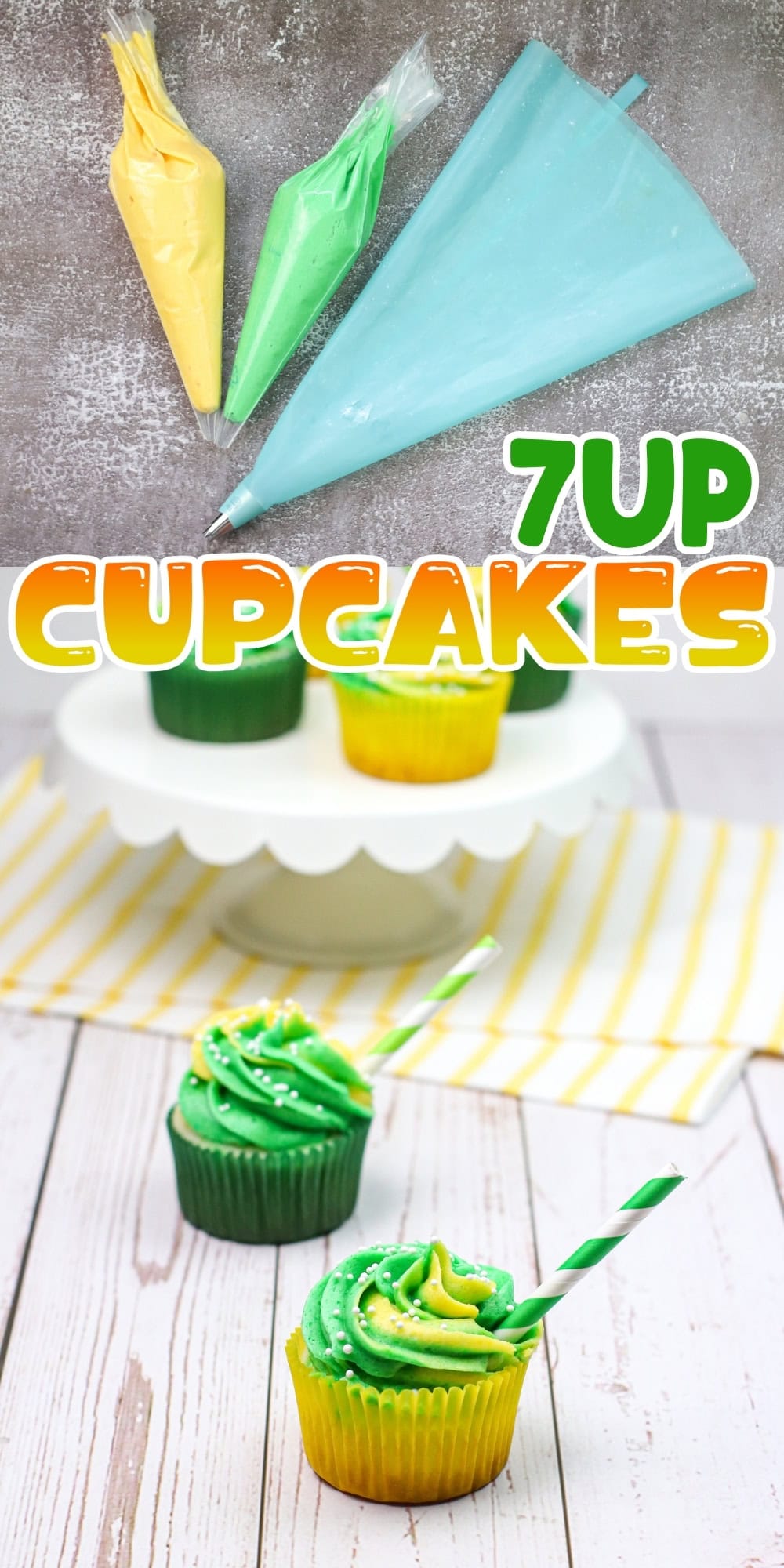 Piping bags and decorated green cupcakes with yellow and white swirls.