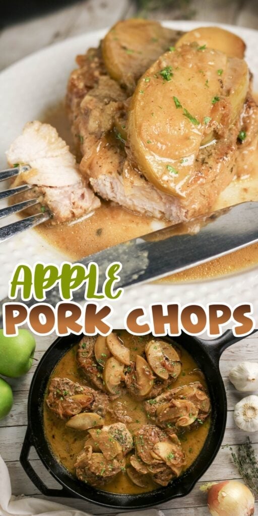 Juicy pork chops cooked with apples and herbs in a savory, flavorful sauce.