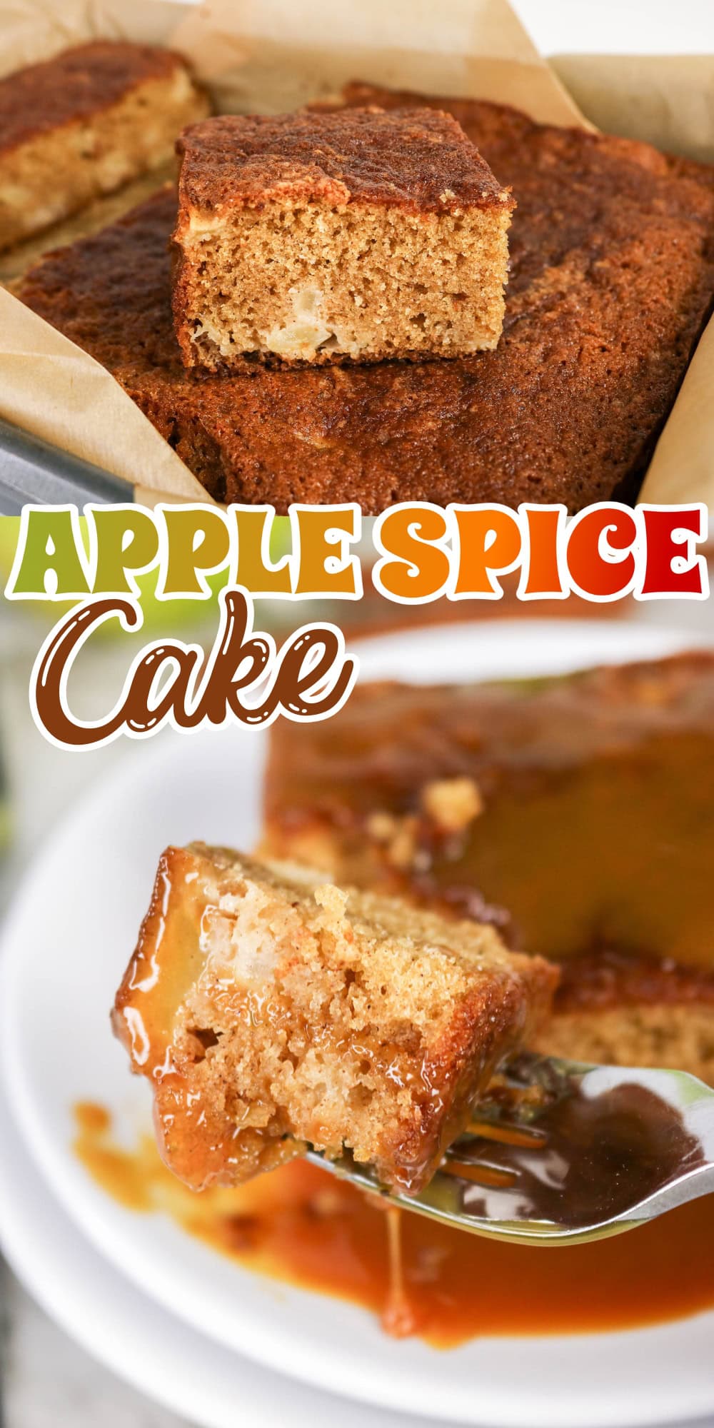 A slice of apple spice cake on a fork with caramel sauce drizzled on top.