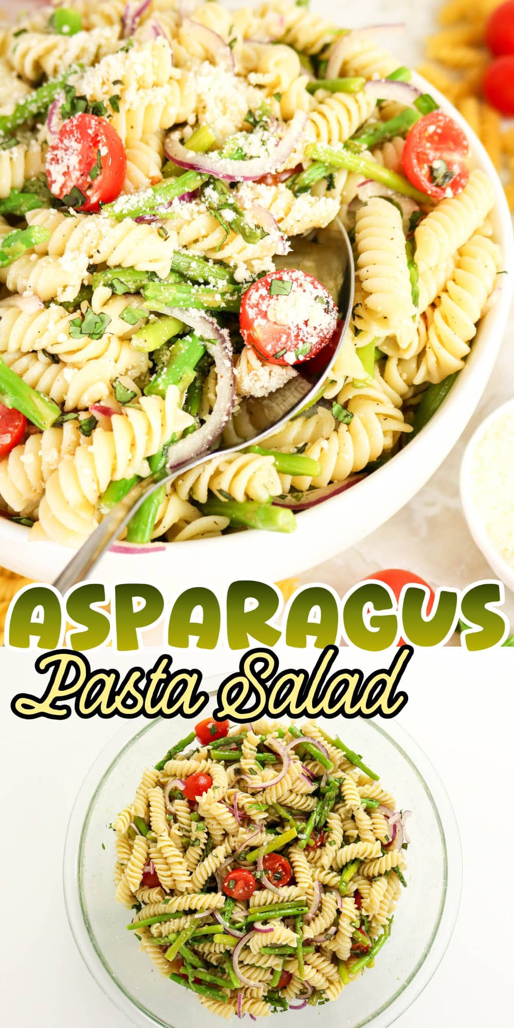 Rotini pasta salad with asparagus, cherry tomatoes, and shredded cheese.
