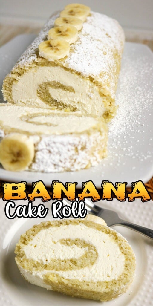 Banana cake roll with creamy filling, powdered sugar, and sliced bananas on top.