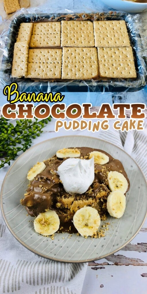 Banana chocolate pudding cake with graham crackers, pudding, bananas, whipped cream.