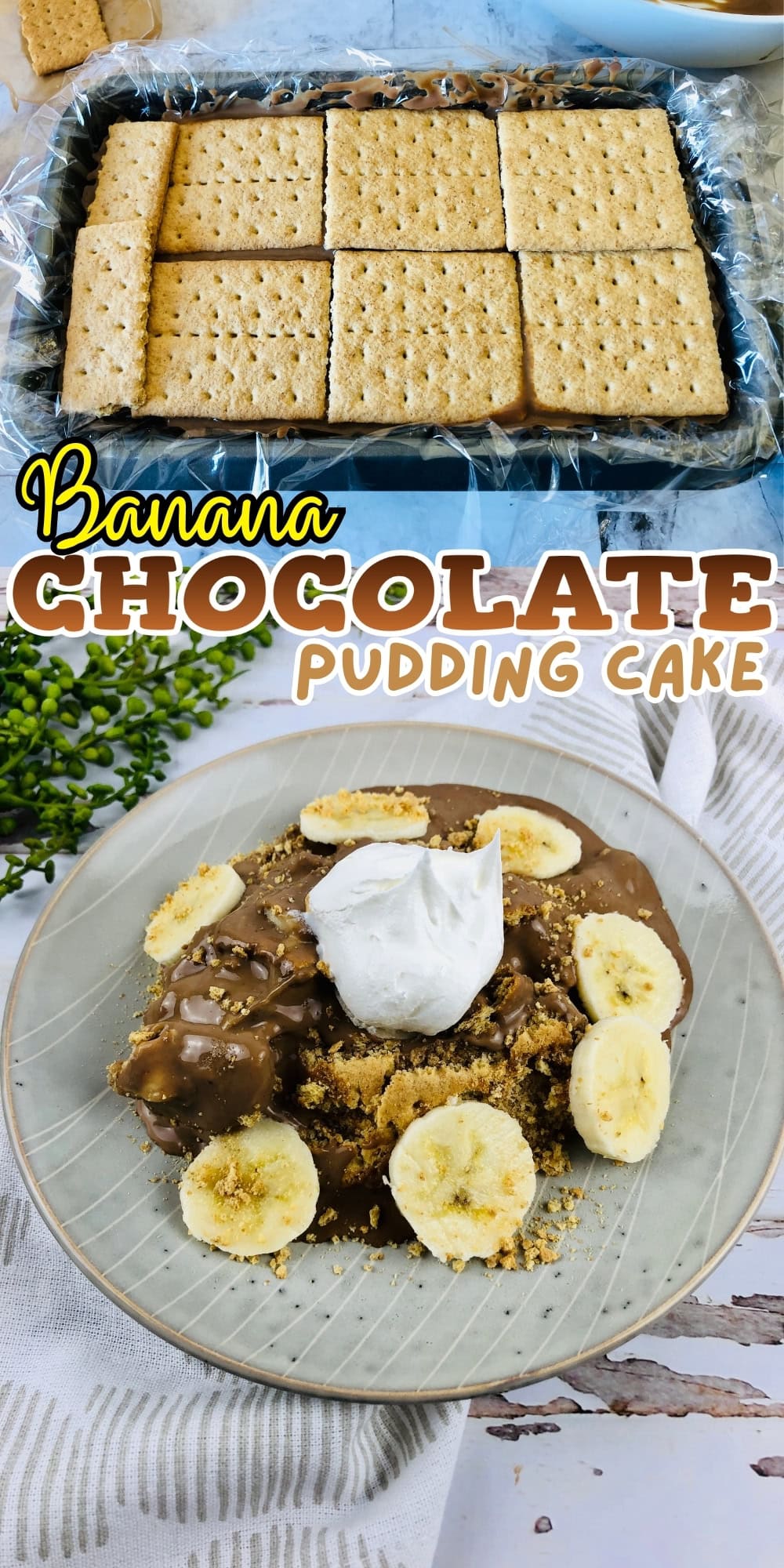 Banana chocolate pudding cake with graham crackers, pudding, bananas, whipped cream.