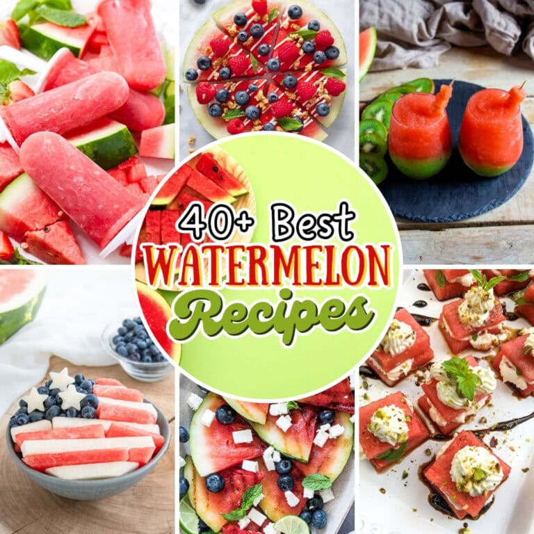 This image features a collage of over forty delicious watermelon recipe ideas.