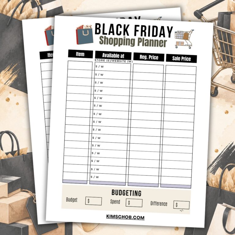 Black Friday shopping planner sheets with budget and sale price columns.