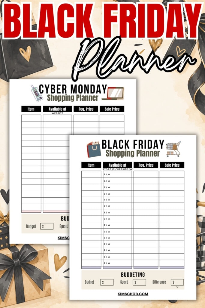 Black Friday and Cyber Monday shopping planners on a festive background.