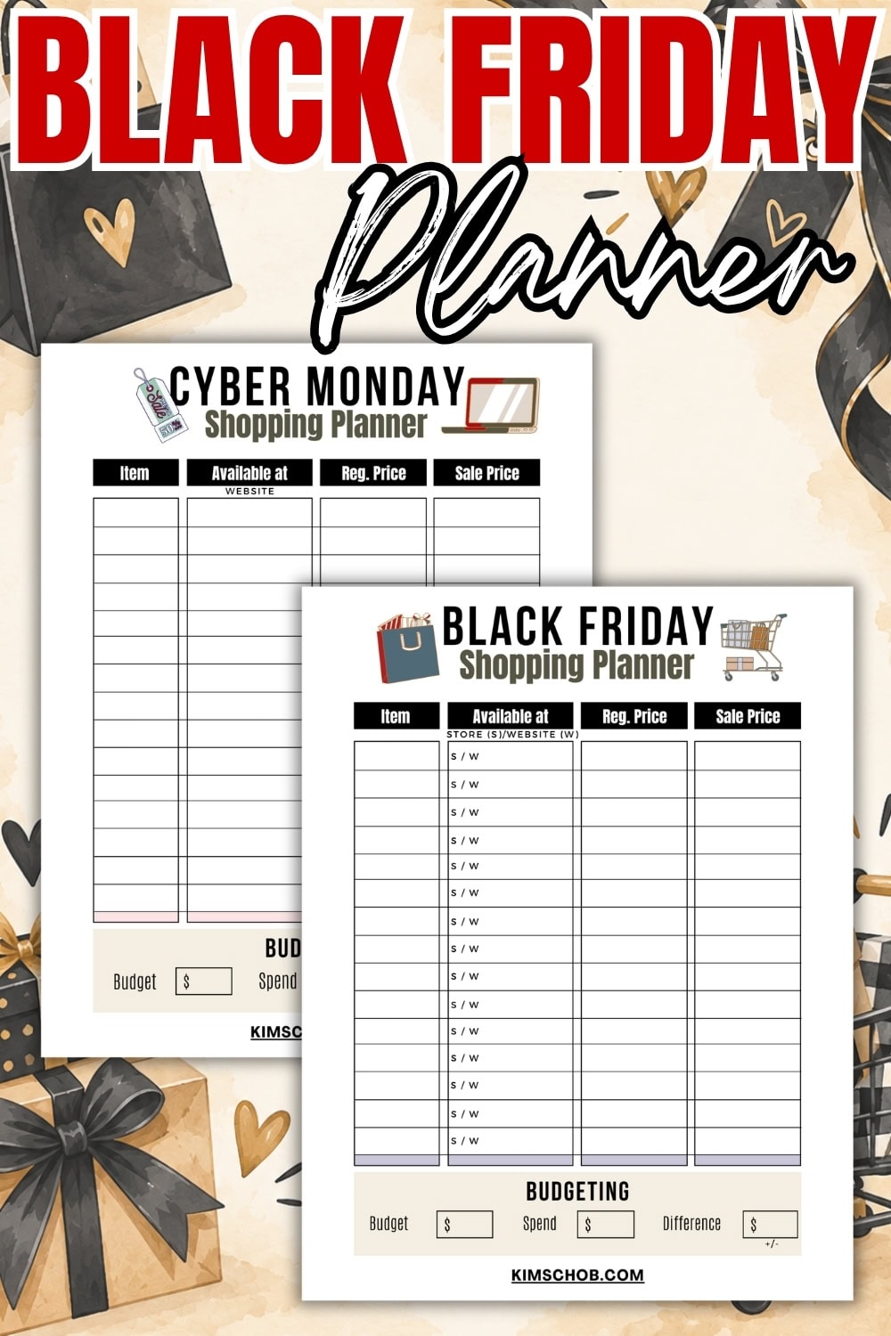 Black Friday and Cyber Monday shopping planners on a festive background.