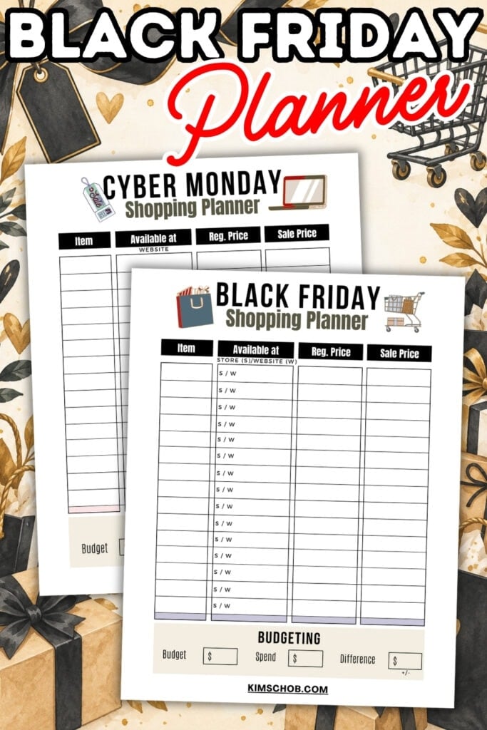 Two shopping planner sheets for Black Friday and Cyber Monday with gift decor.