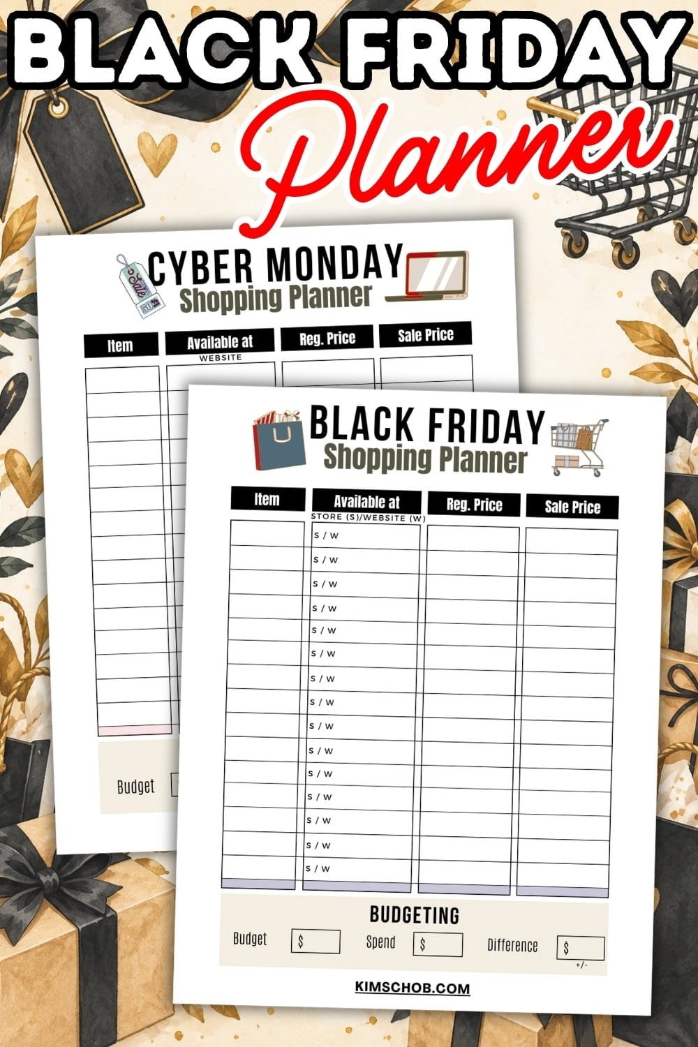 Two shopping planner sheets for Black Friday and Cyber Monday with gift decor.
