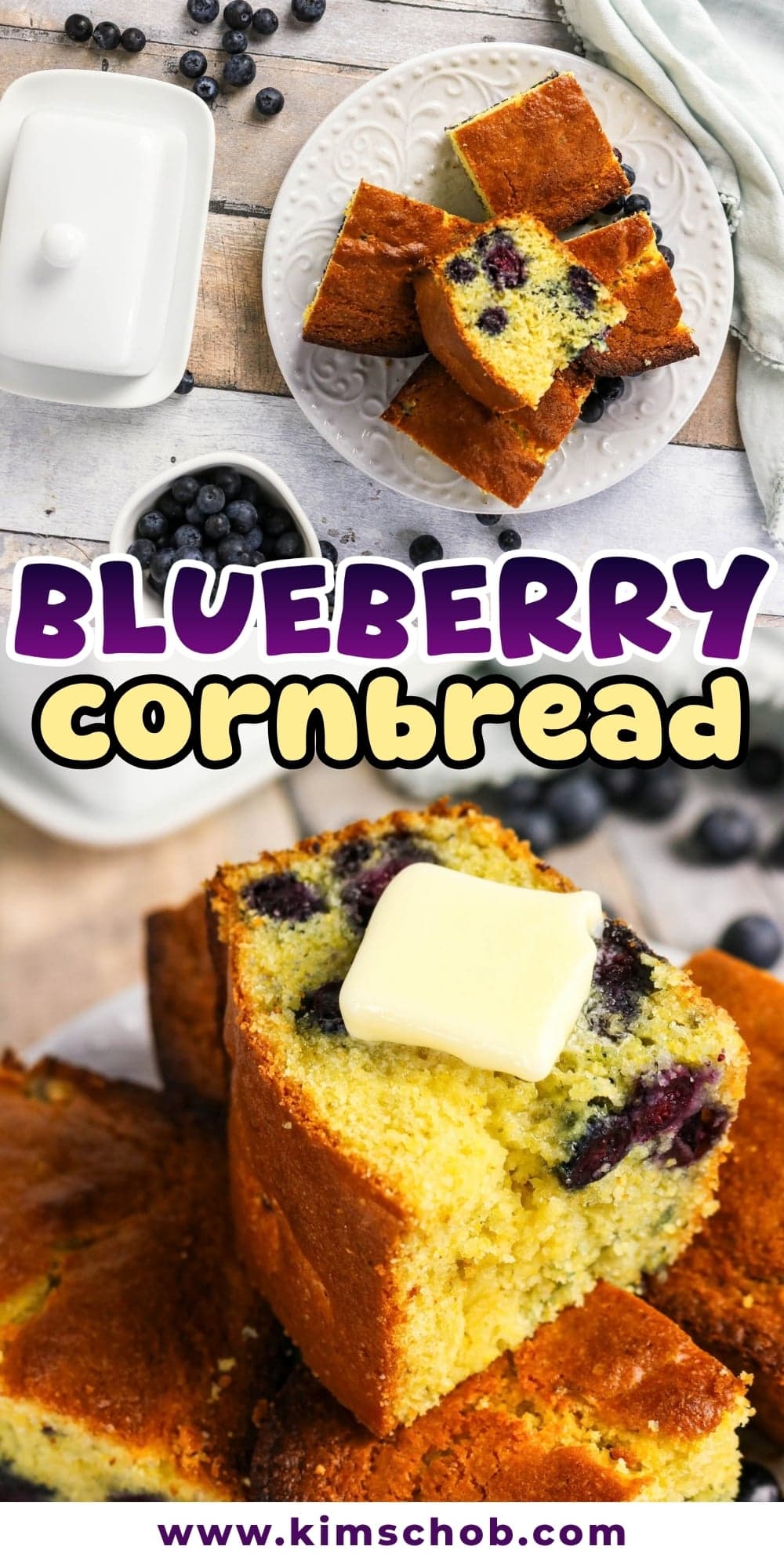 Blueberry cornbread with butter and blueberries on a wooden table.