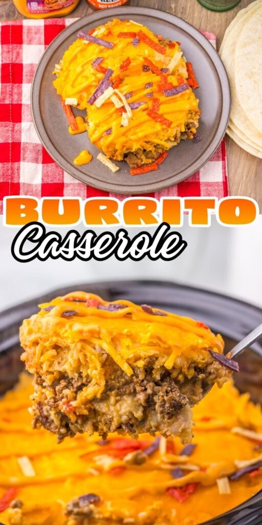 Cheesy burrito casserole on a plate and in a baking dish, garnished with strips.