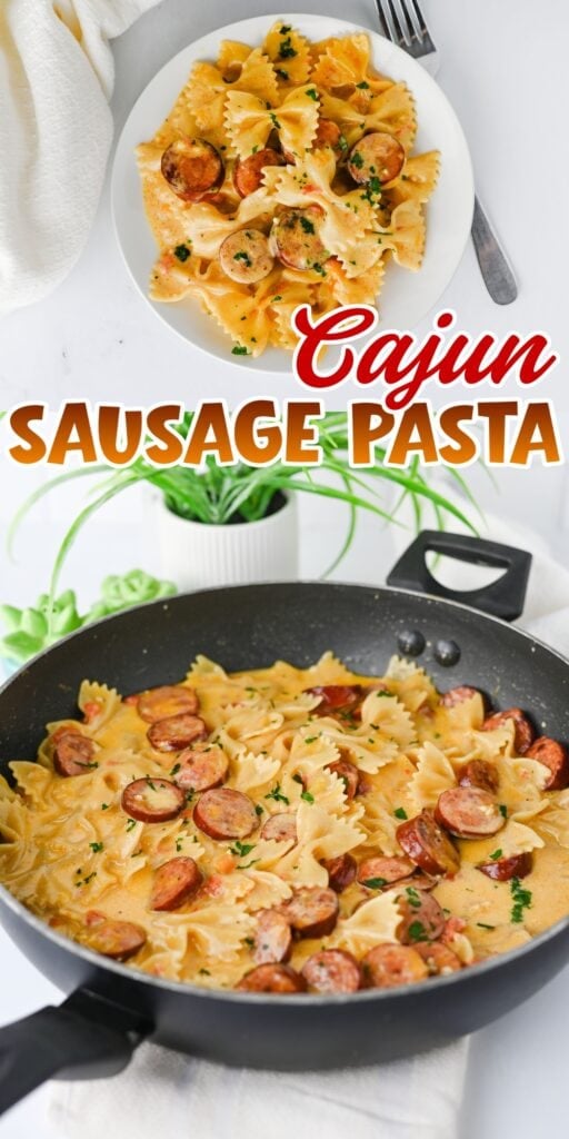 Cajun sausage pasta in creamy sauce with bowtie pasta, cooked in a skillet.