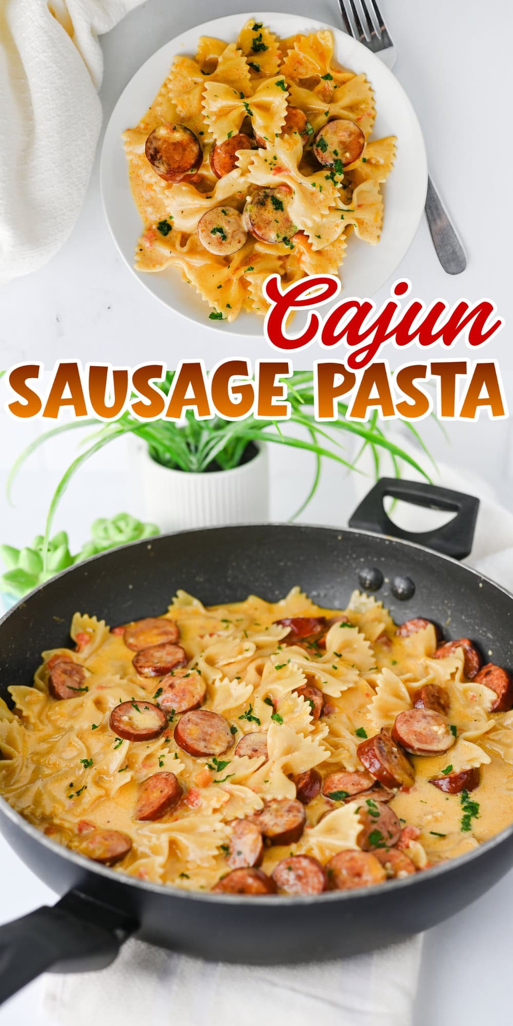 Cajun sausage pasta in creamy sauce with bowtie pasta, cooked in a skillet.