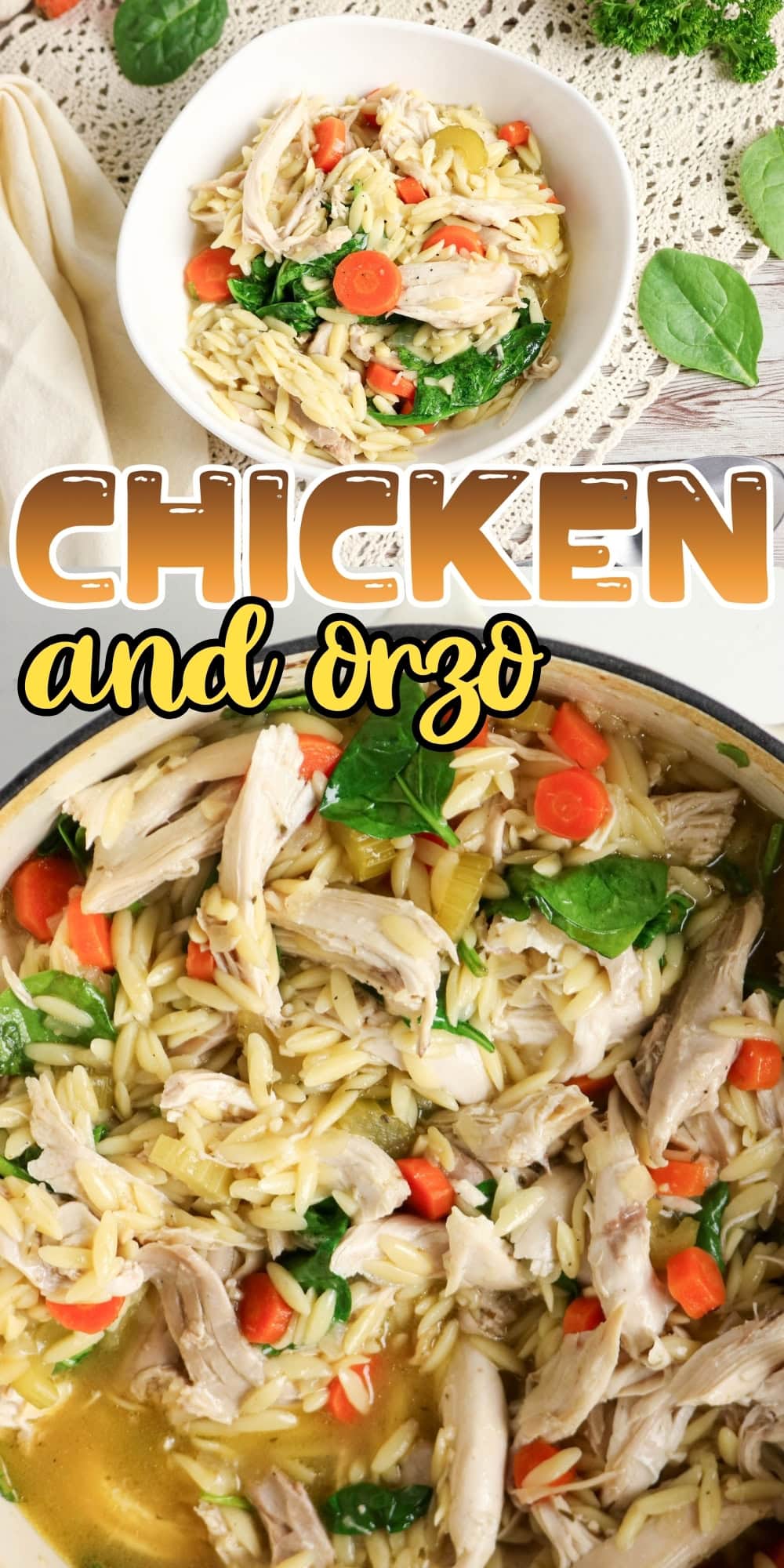 Bowl and pot of chicken orzo soup with carrots, spinach, and broth.