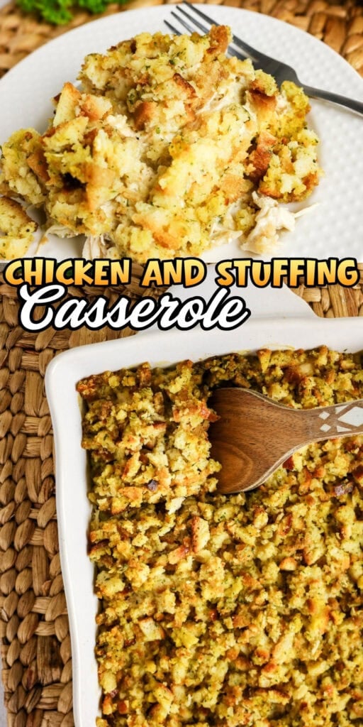 Plate and dish of chicken and stuffing casserole with a wooden spoon and fork.