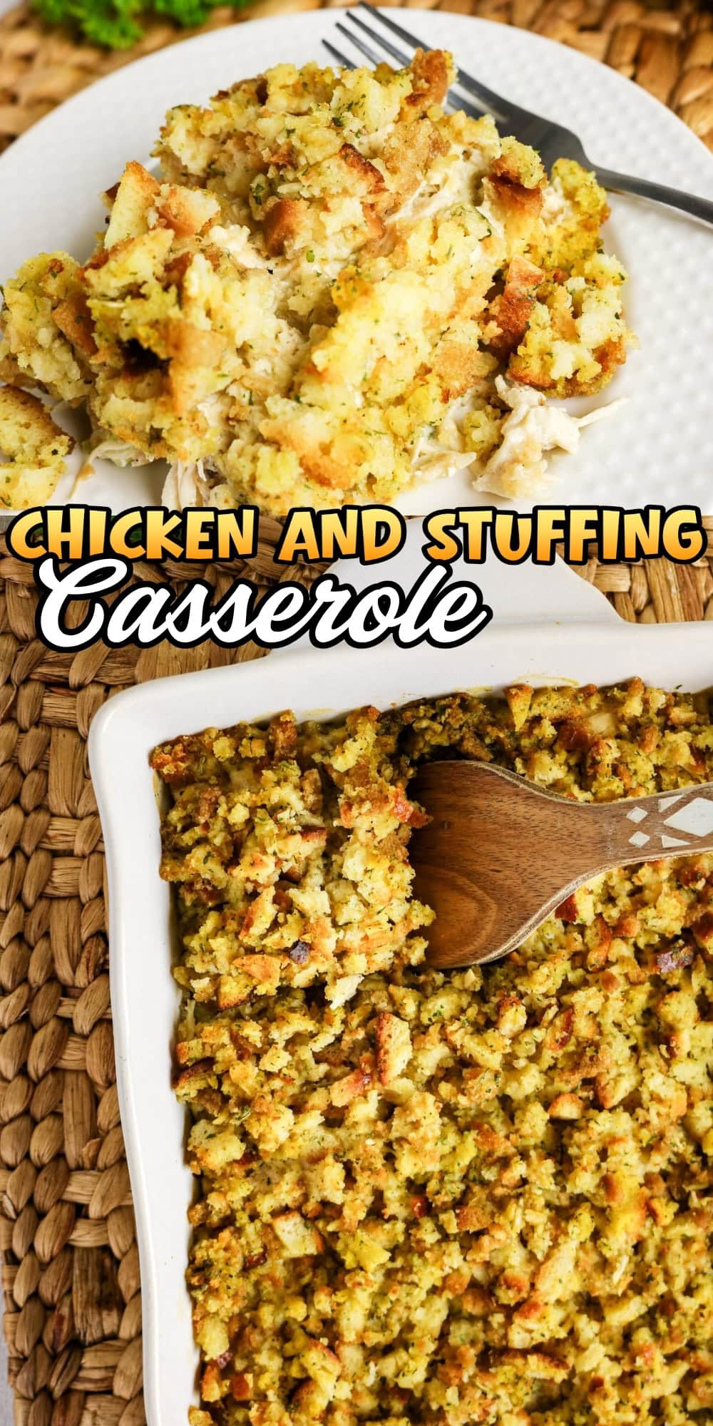 Plate and dish of chicken and stuffing casserole with a wooden spoon and fork.