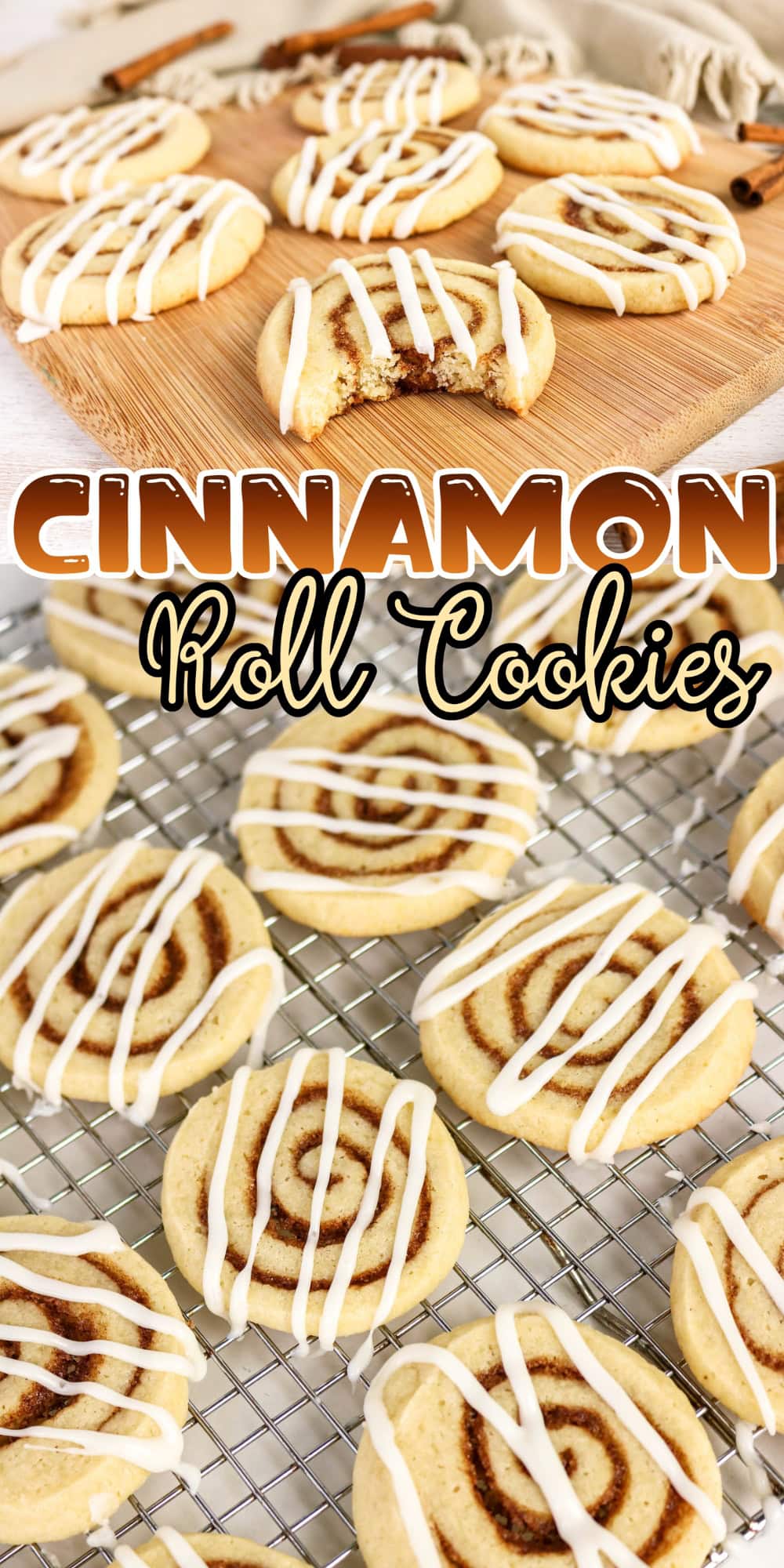 Cookies with cinnamon swirls and white icing, arranged on a board and rack.