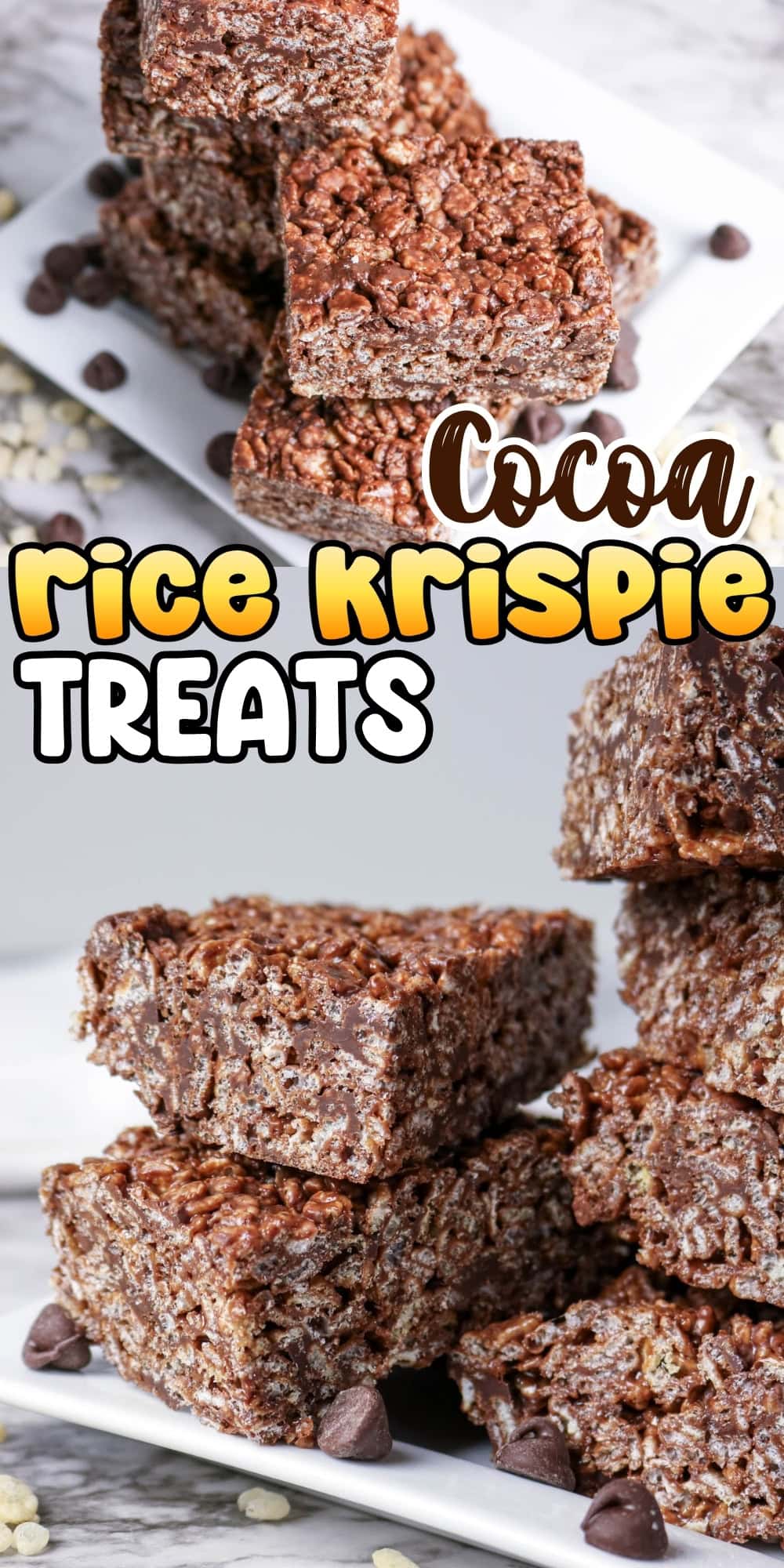 Chocolate rice krispie treats stacked on white plates with chocolate chips.
