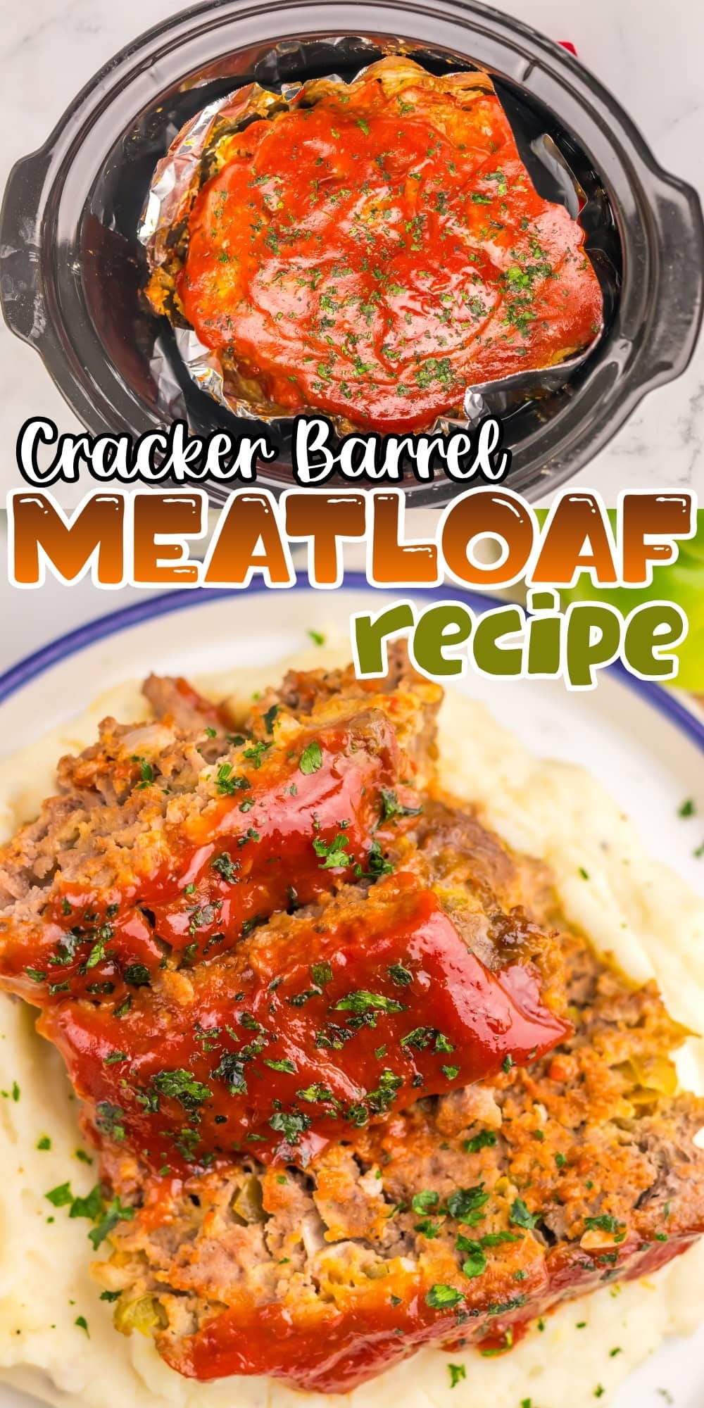Sliced meatloaf with ketchup glaze on mashed potatoes and in a slow cooker.