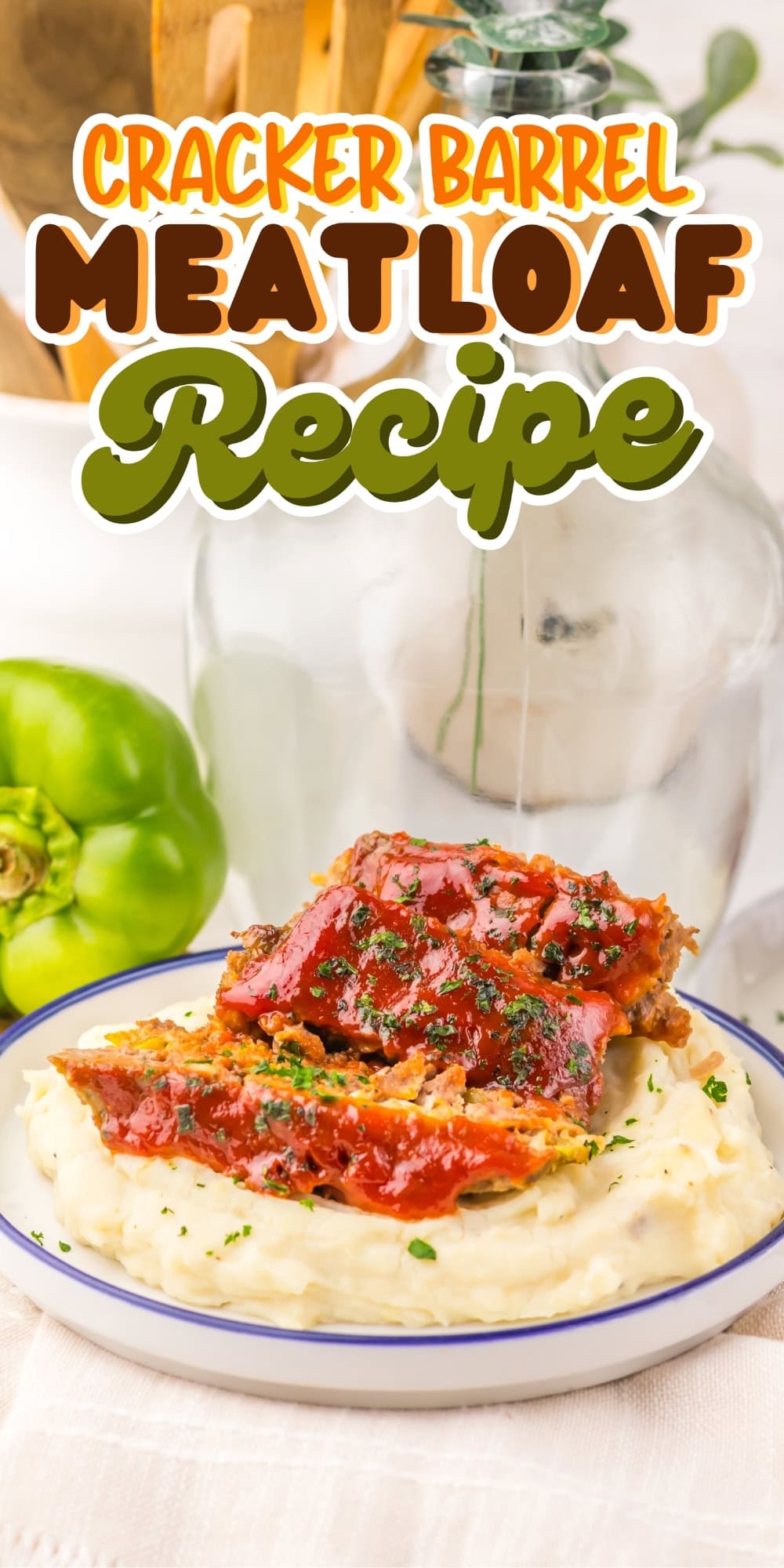 Meatloaf with ketchup glaze on mashed potatoes, titled Cracker Barrel Recipe..