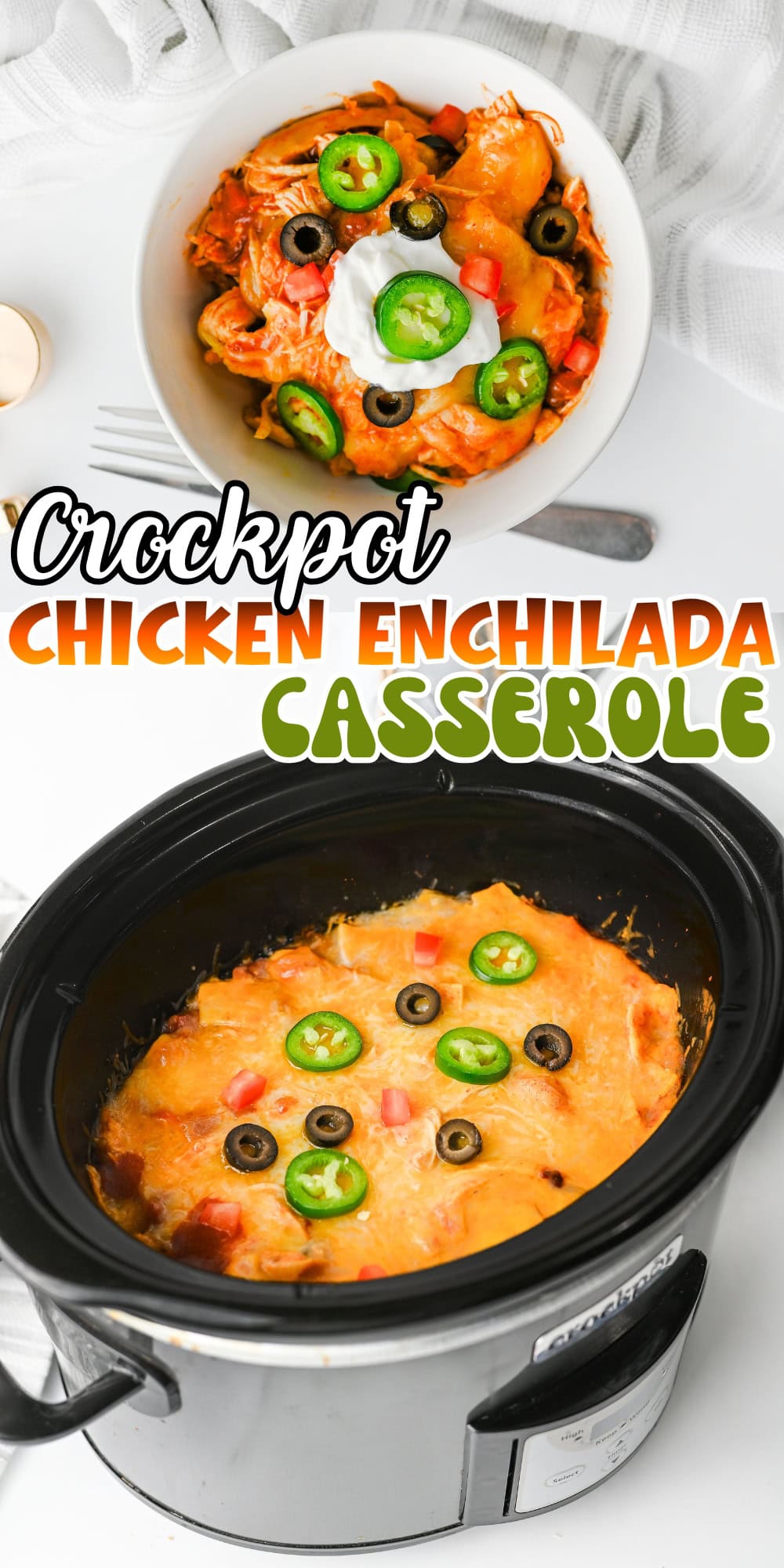 Bowl and crockpot of cheesy chicken enchilada casserole topped with veggies.