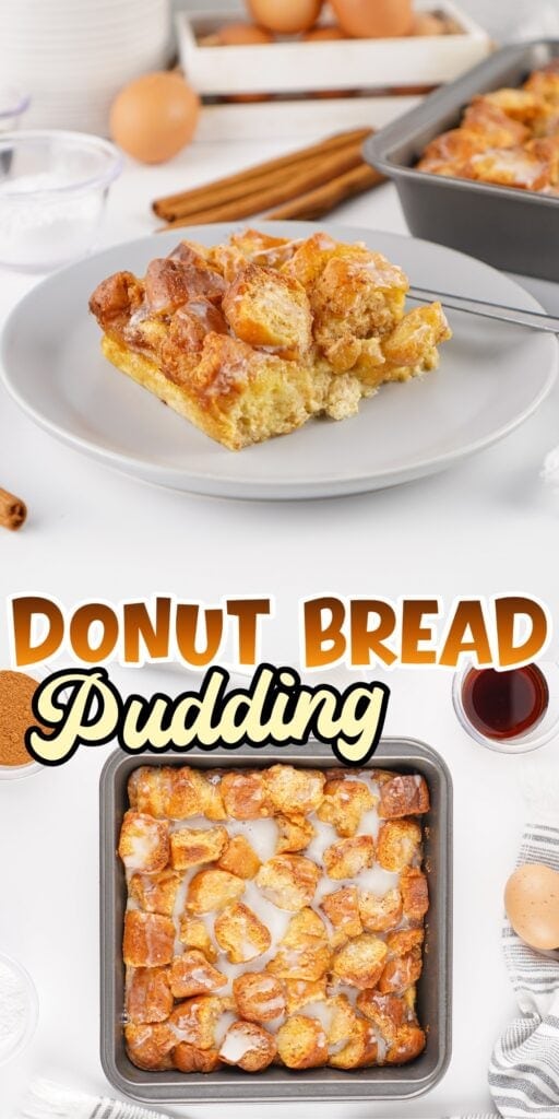 A slice of donut bread pudding on a plate, with a pan of pudding behind it.