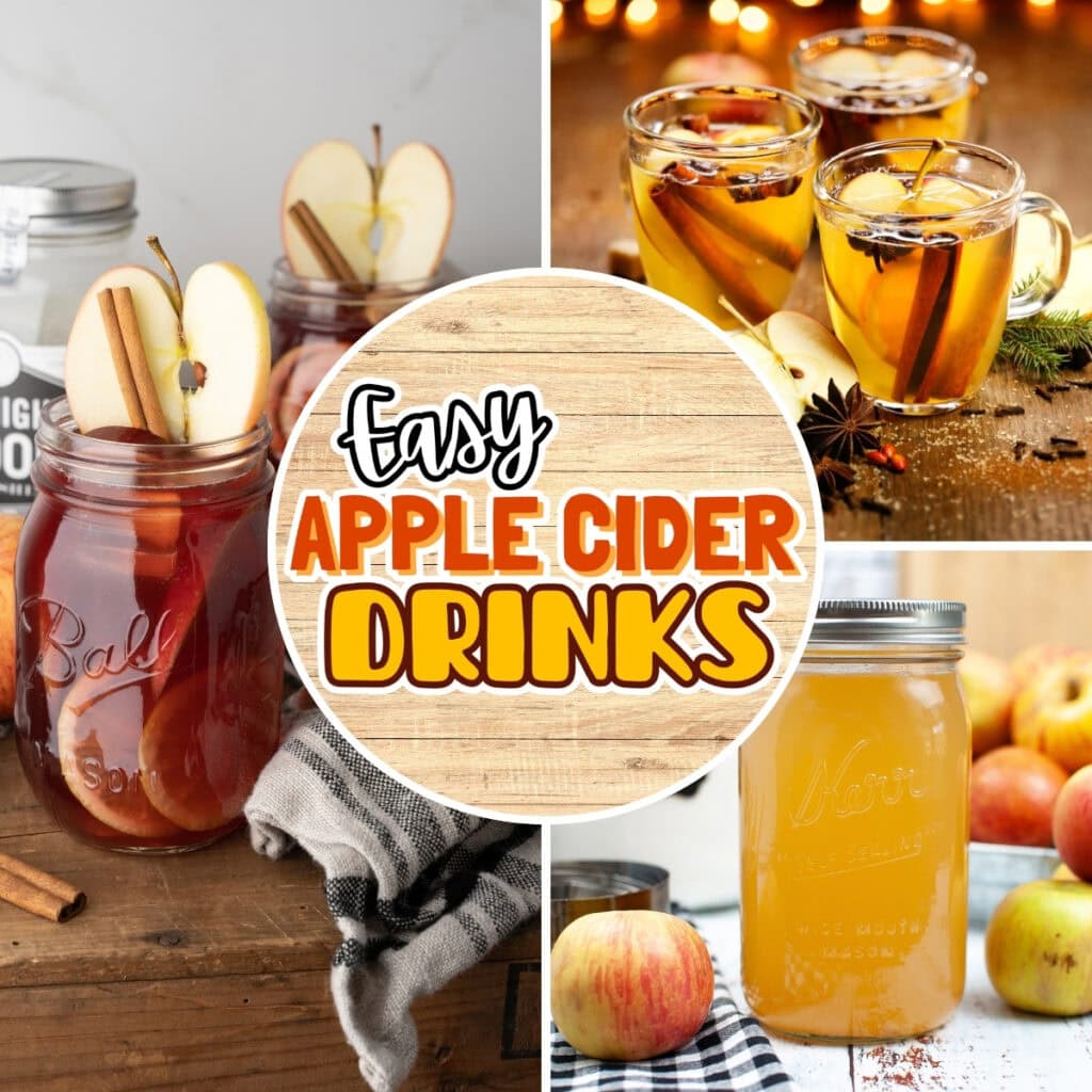 Apple cider drinks in jars and mugs with apples and spices on a wooden table.