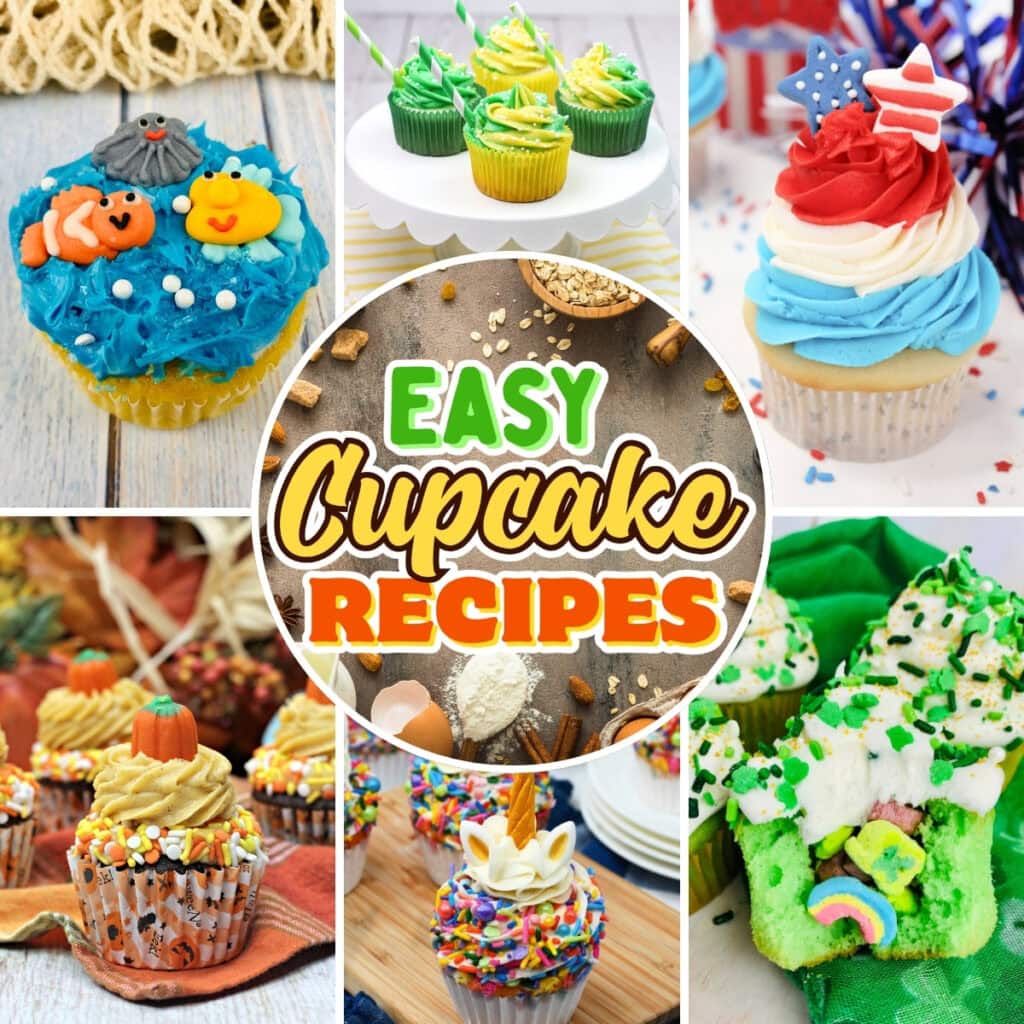 Colorful cupcakes surrounding Cupcake Recipes.