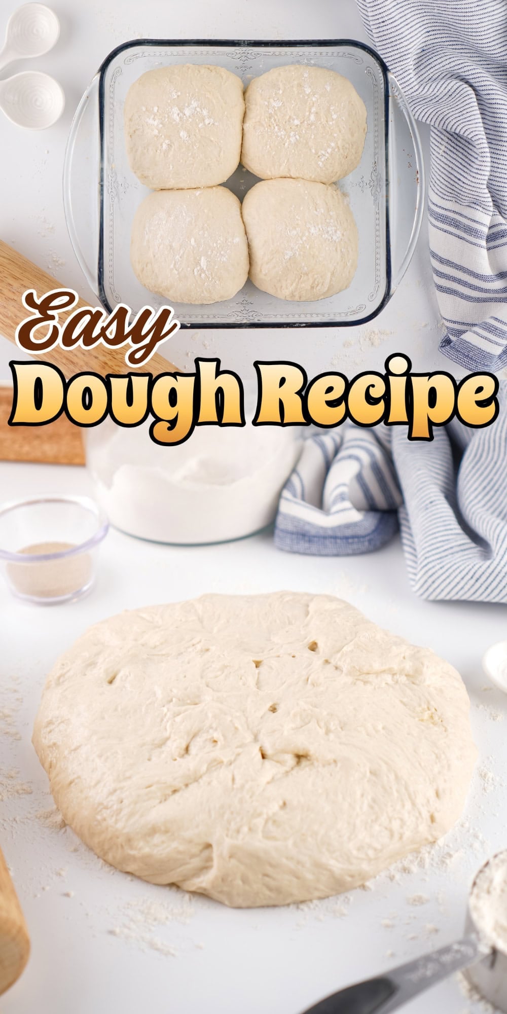 Floured dough balls in a dish above risen dough.