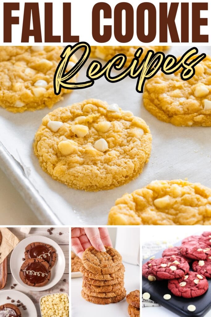 Collage of various fall cookies, including white chocolate chip and red velvet.