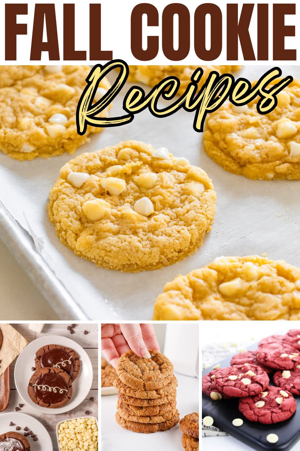 Collage of various fall cookies, including white chocolate chip and red velvet.