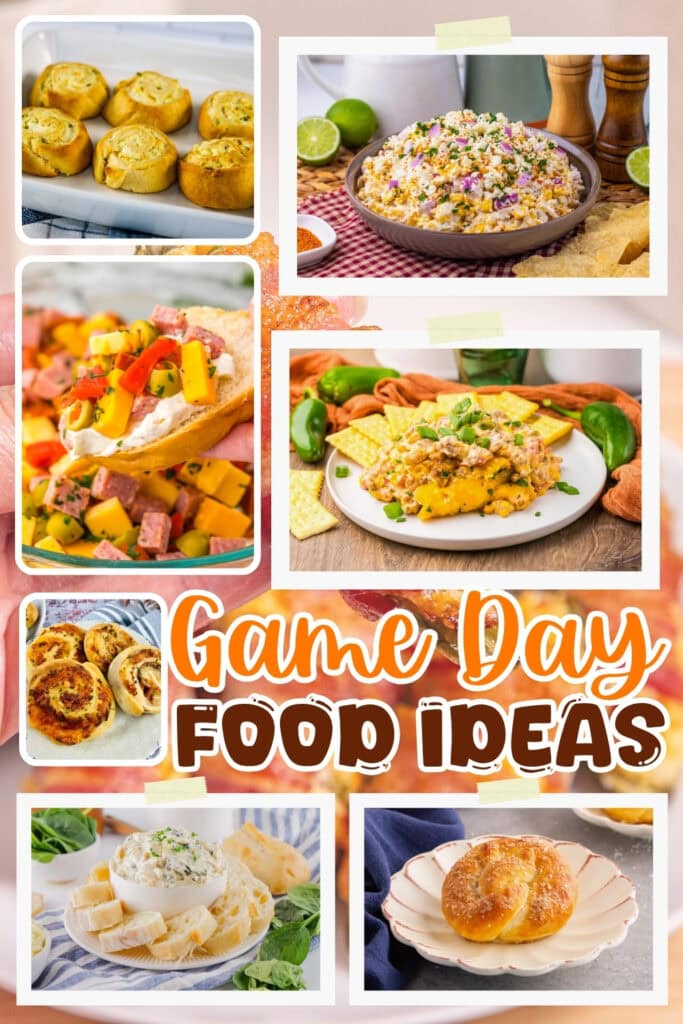 Various game day snacks, dips, and appetizers on colorful plates.