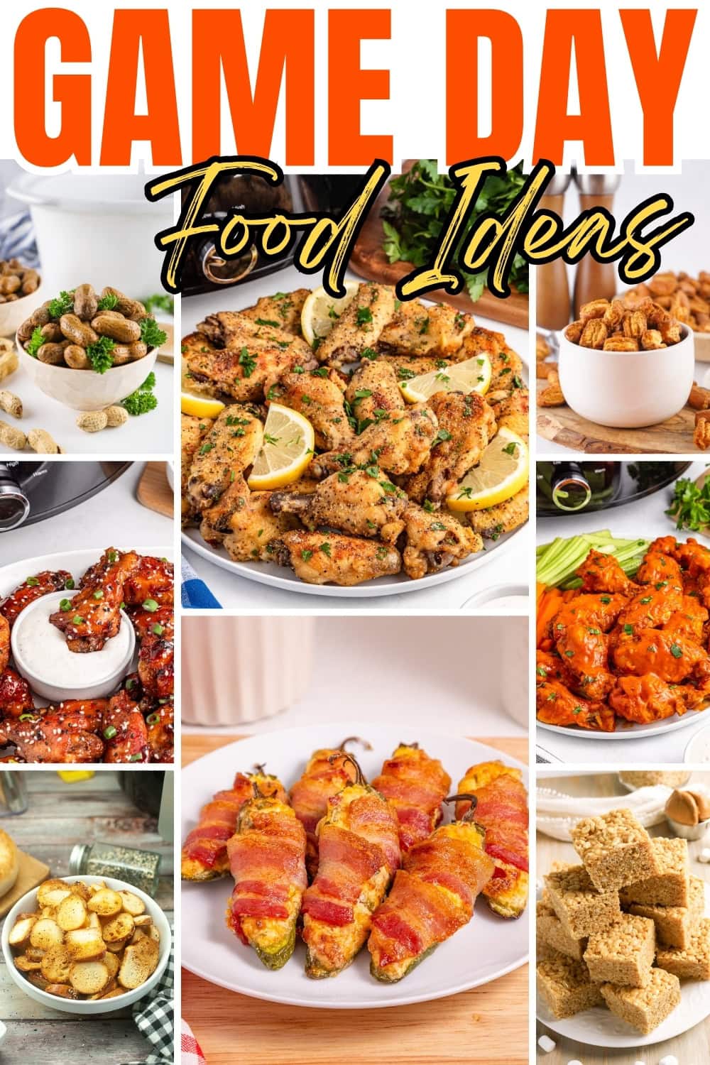 Assorted game day foods including wings, peanuts, dip, and bacon-wrapped snacks.