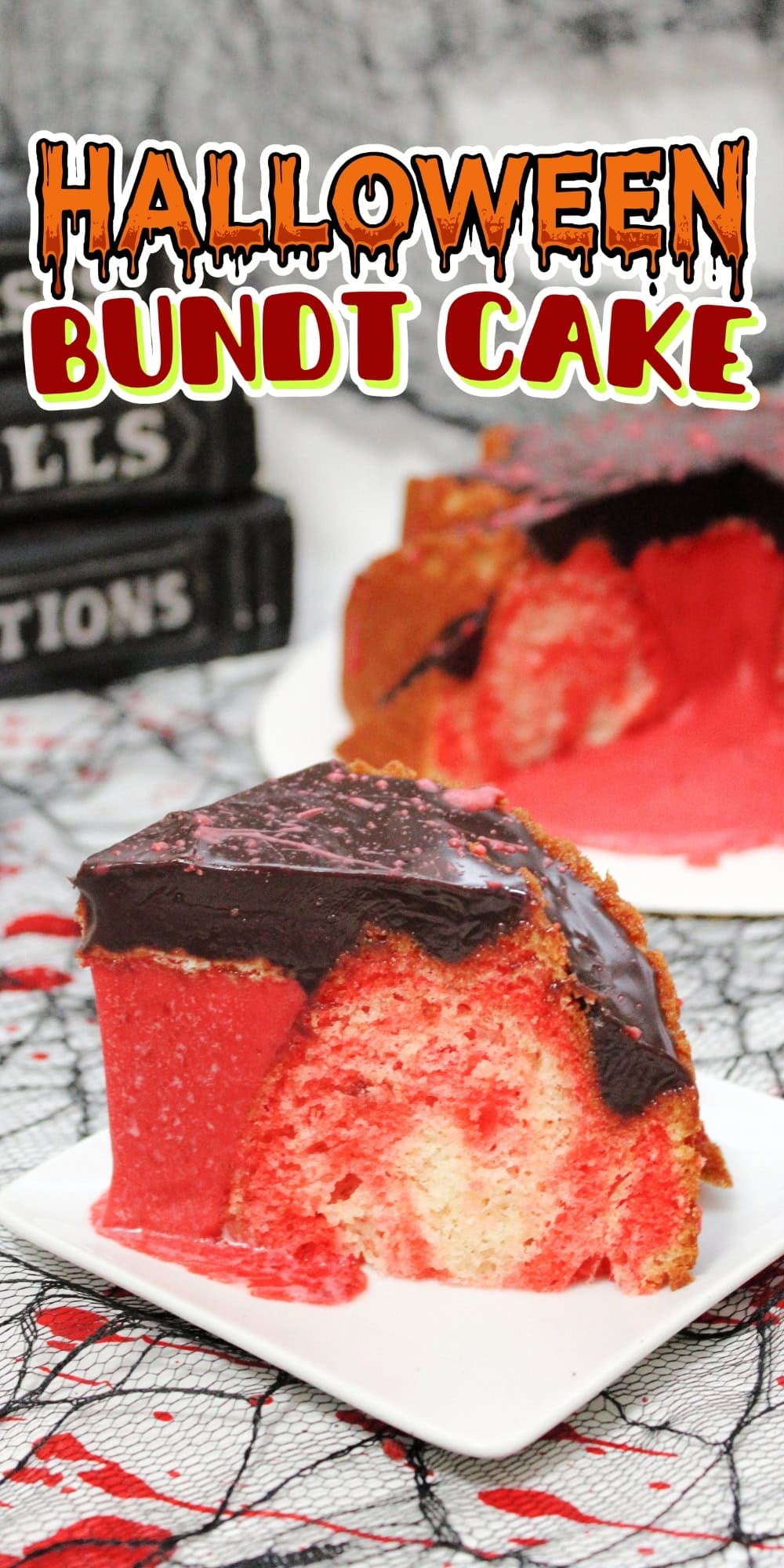 Slice of red and white bundt cake with chocolate glaze on a white plate.