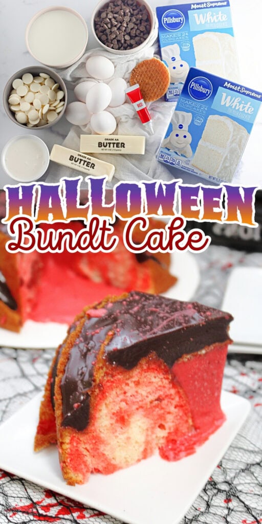 Halloween Bundt cake with chocolate frosting, slice served on white plate.