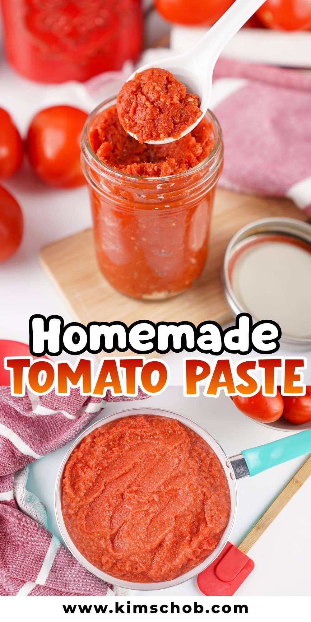 Jar and bowl of homemade tomato paste with fresh tomatoes on a table.