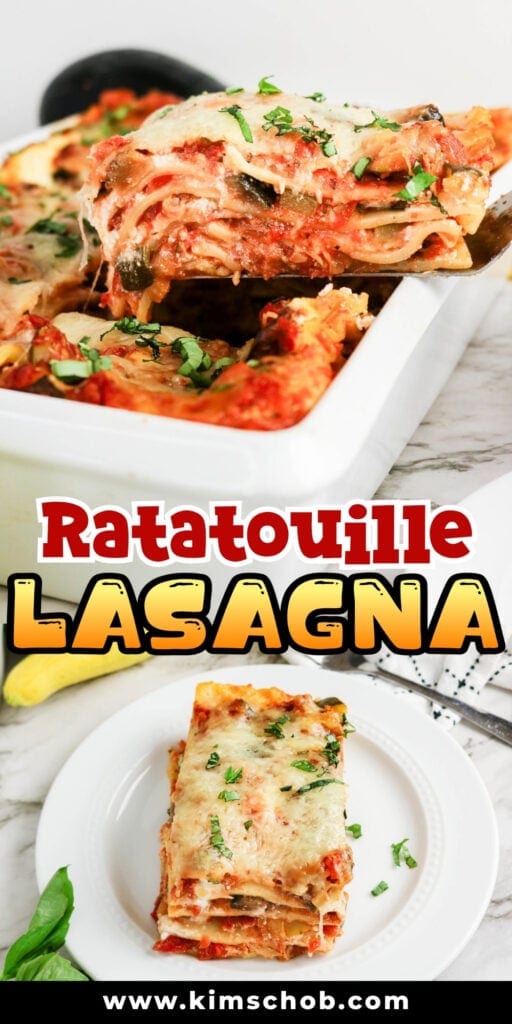 A slice of ratatouille lasagna on a plate, casserole dish in the background.