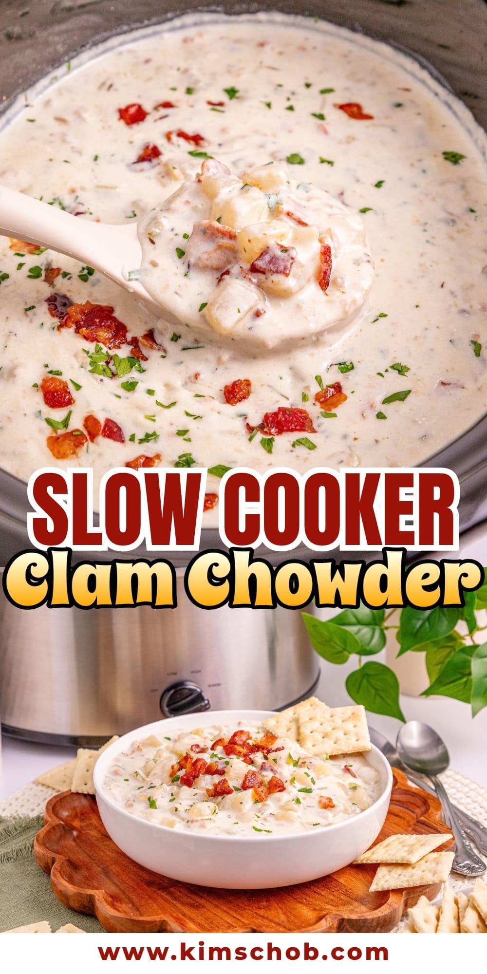 Creamy clam chowder in a slow cooker with bacon, herbs, and crackers nearby.