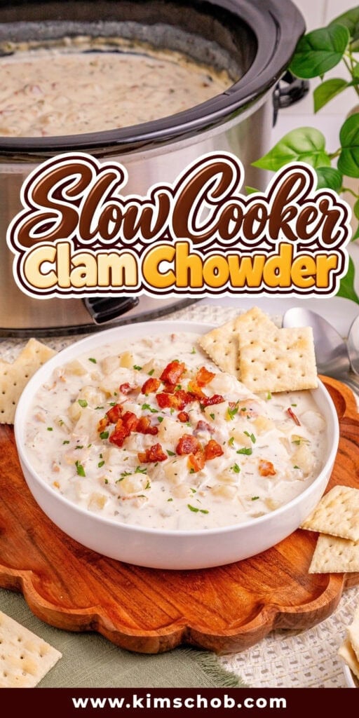 Bowl of clam chowder with bacon and crackers next to a slow cooker.