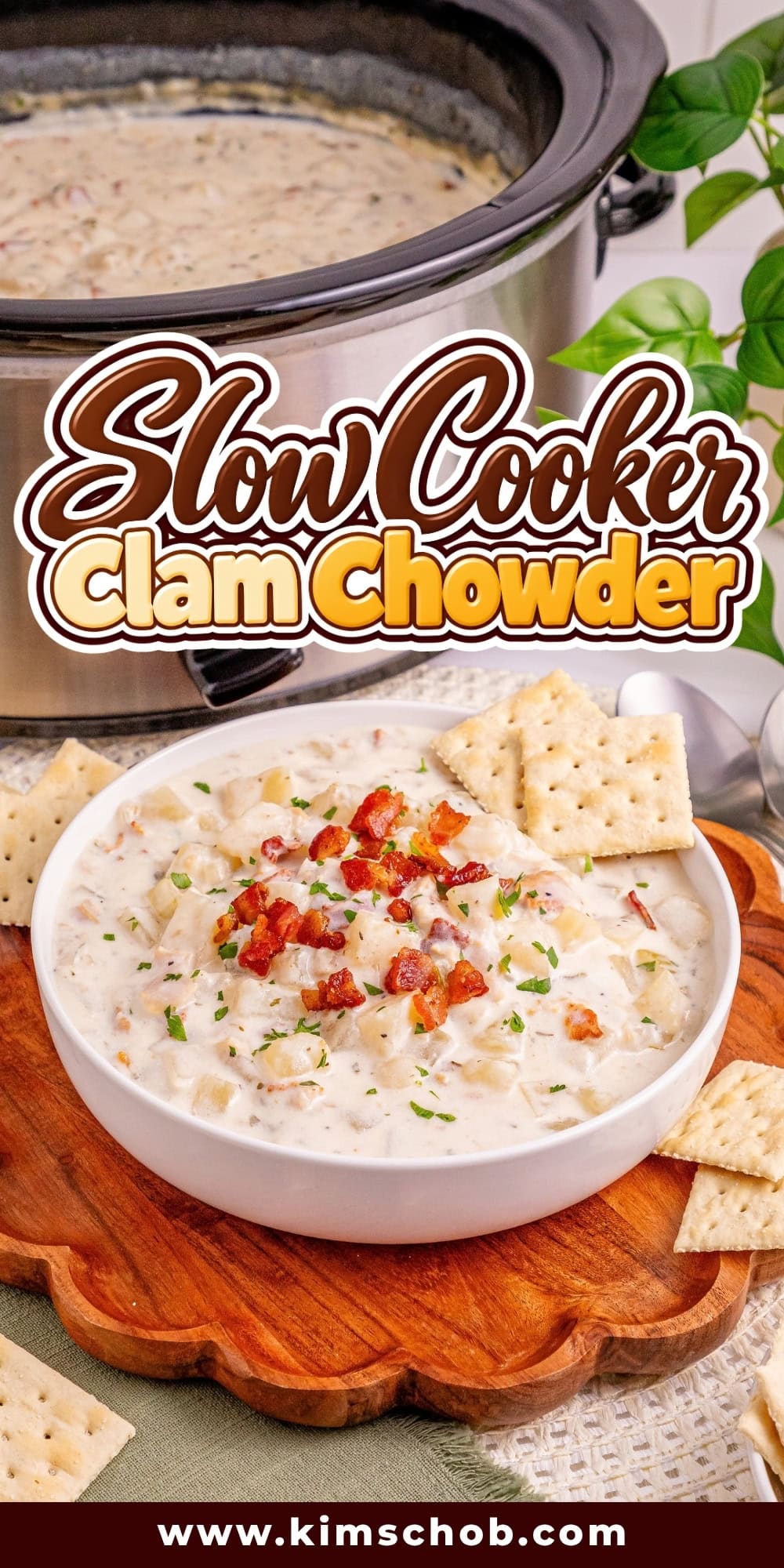 Bowl of clam chowder with bacon and crackers next to a slow cooker.