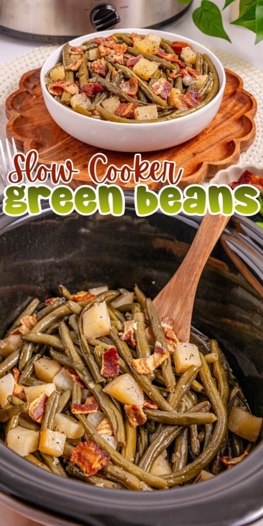 Bowl and slow cooker filled with green beans, potatoes, and bacon pieces.