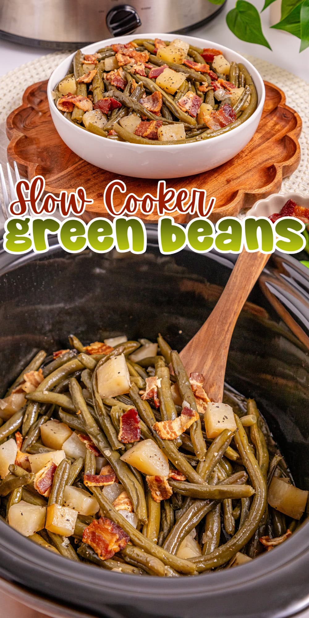 Bowl and slow cooker filled with green beans, potatoes, and bacon pieces.