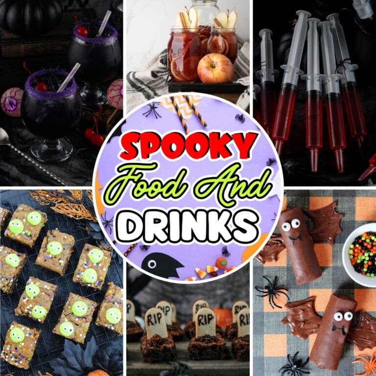 Halloween-themed spooky food and drinks, including treats and drinks.